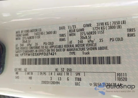 2023 Ford F-150 Lariat from USA, damaged, VIN 1FTFW1E5XPFD27421